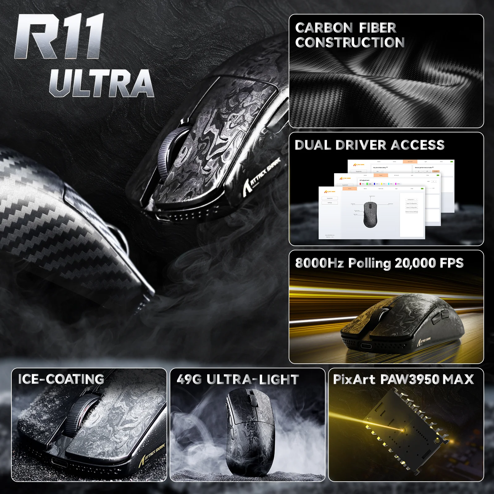 ATTACK SHARK R11 ULTRA Carbon Fiber Wireless 8K PAW3950MAX Gaming Mouse with C06 Ultra LED Cable