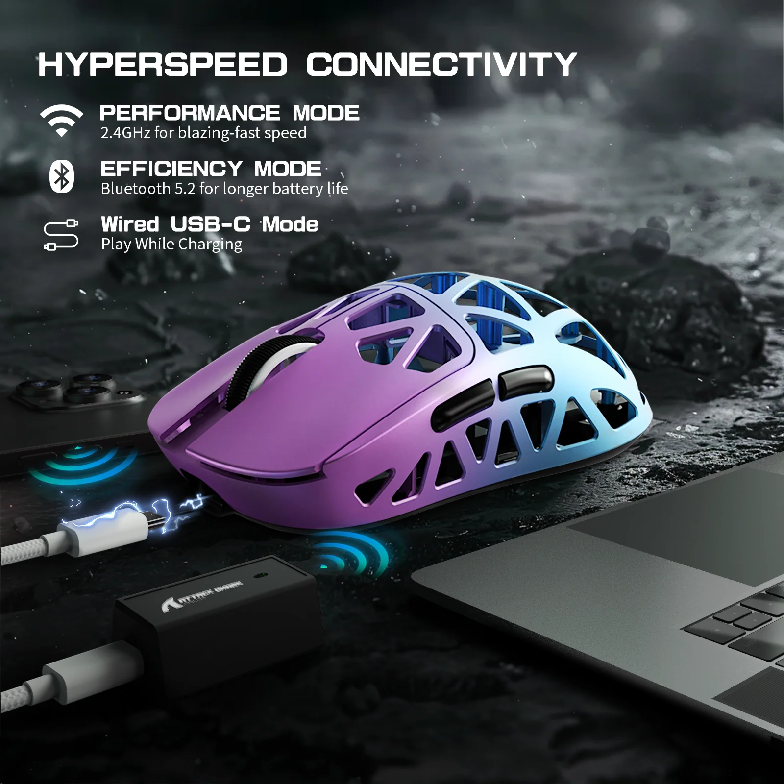 ATTACK SHARK R2 Magnesium Alloy PAW3950 Gaming Mouse 8K with Mouse Coiled Cable (Not Include the Charging Dock)