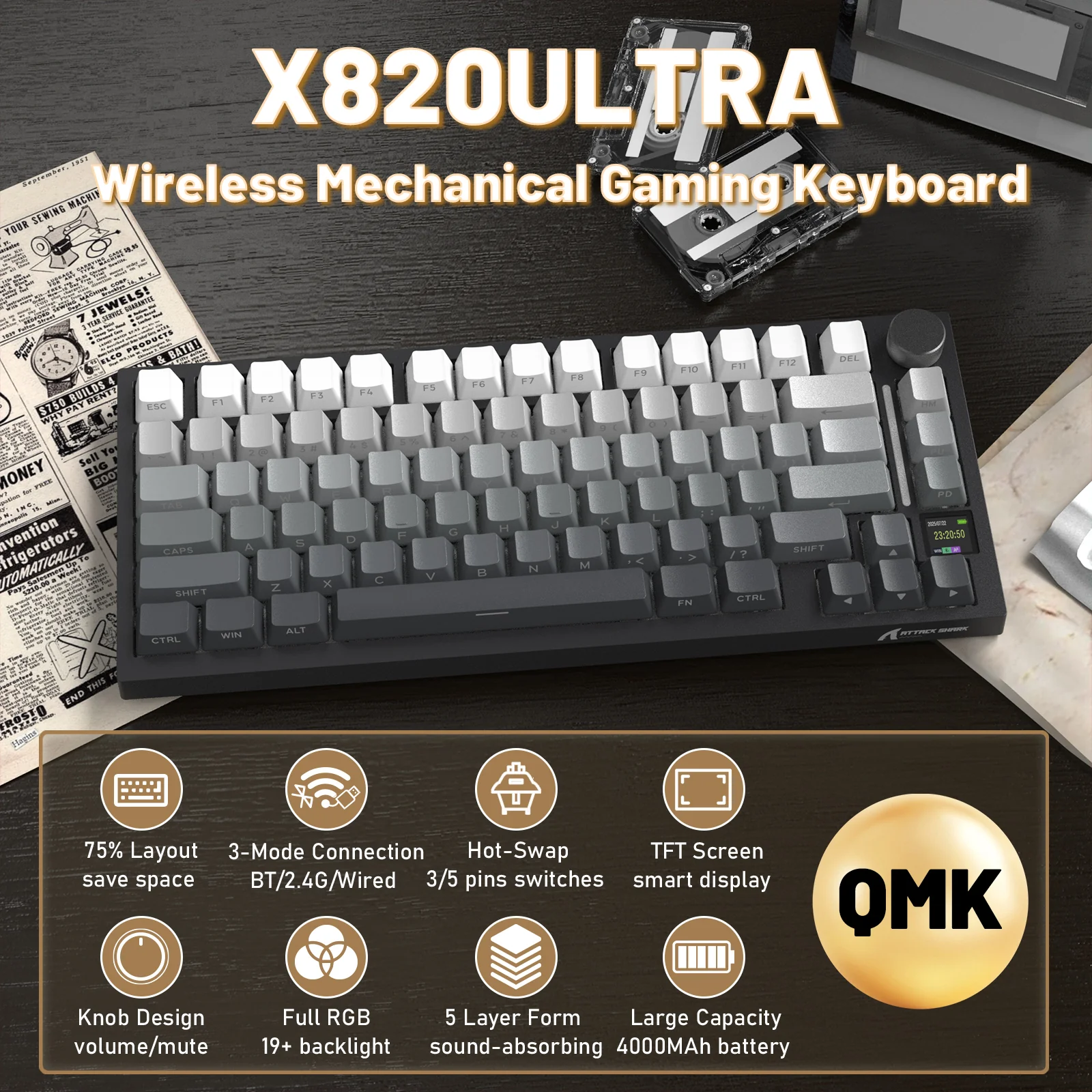 ATTACK SHARK X820ULTRA Mechanical Keyboard with C01ULTRA Coiled Cable