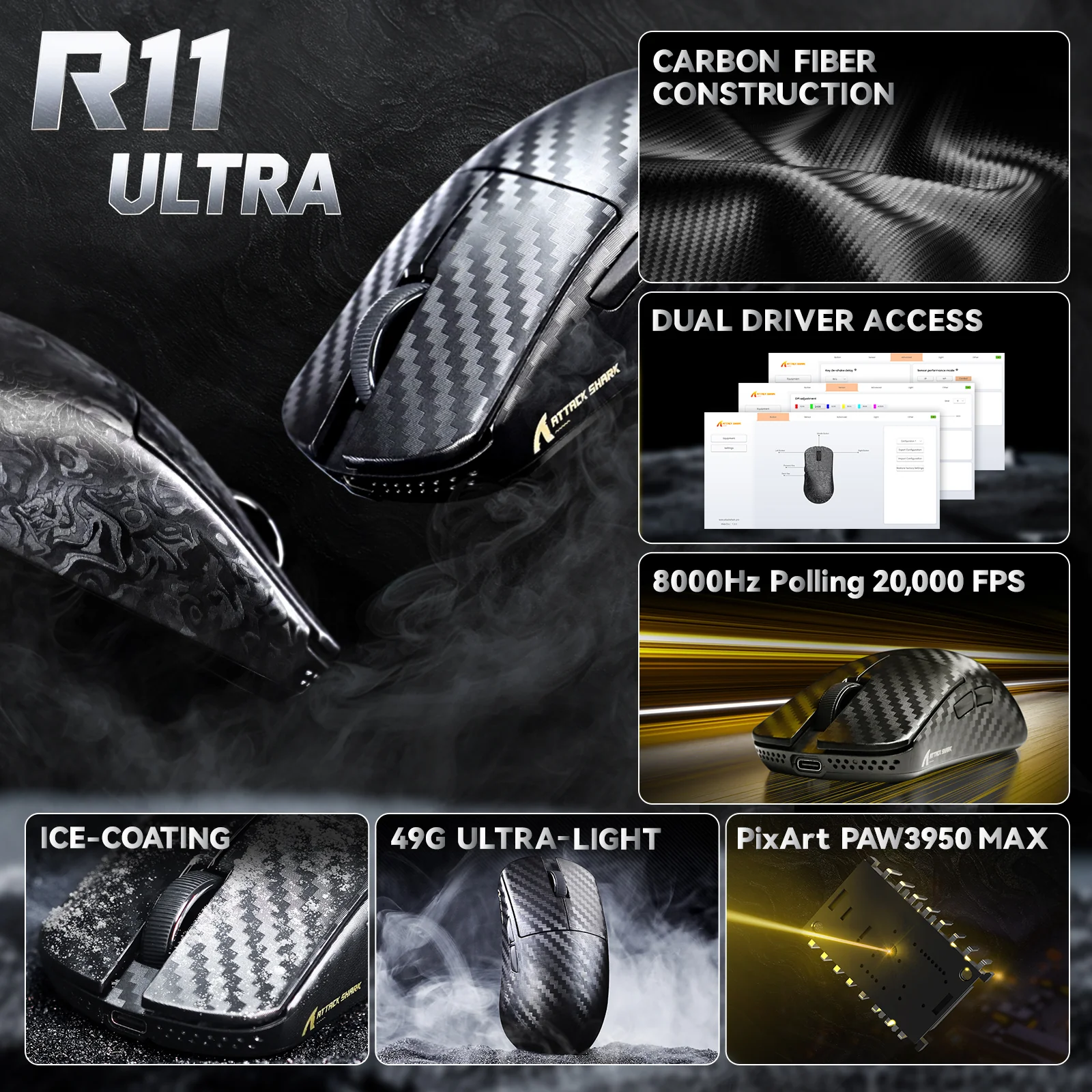 ATTACK SHARK R11 ULTRA Carbon Fiber Wireless 8K PAW3950MAX Gaming Mouse with C06 Ultra LED Cable