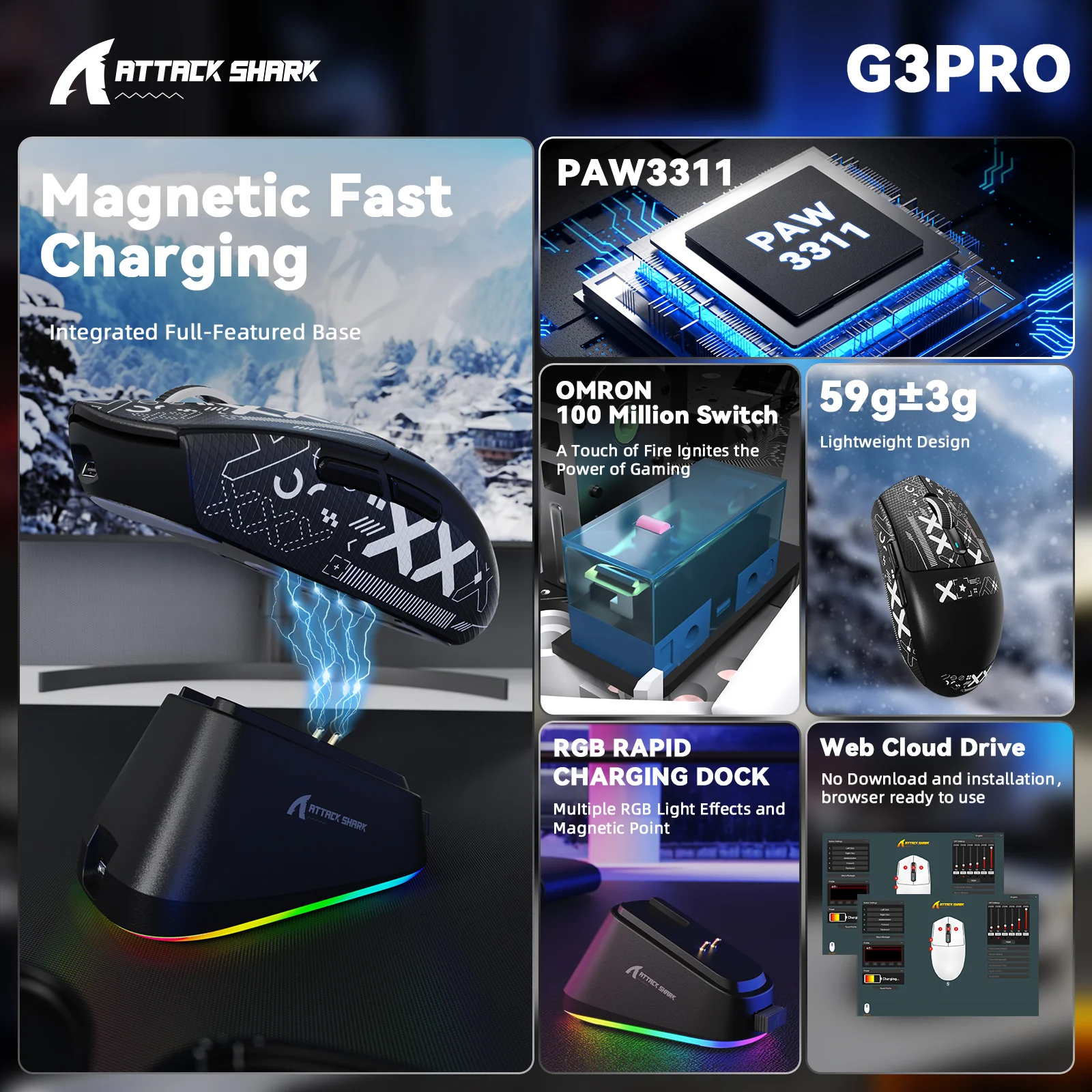 ATTACK SHARK G3 PRO Tri-mode Wireless Gaming Mouse with Charge Dock 25000 DPI Ultra Lightweight