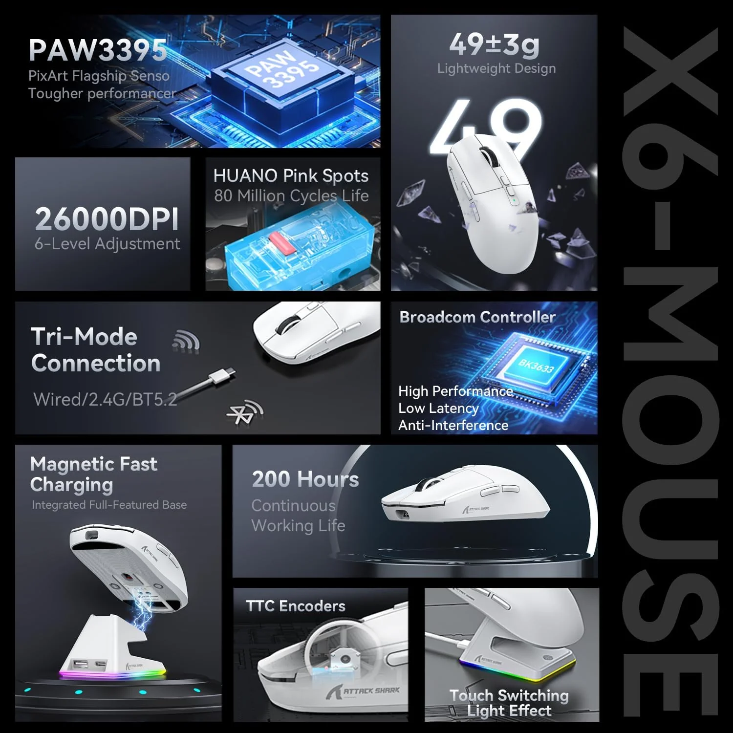 ATTACK SHARK X6 Three Modes Gaming Mouse With Charging Dock