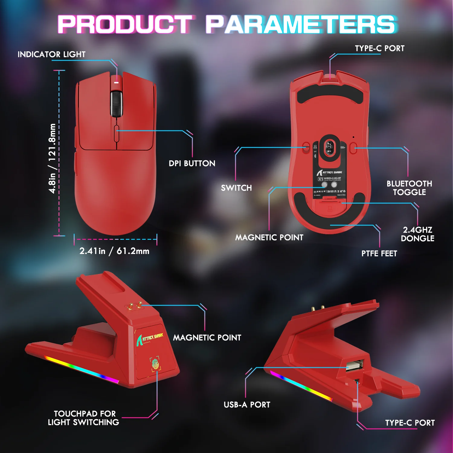 ATTACK SHARK X1 Tri-mode Gaming Mouse With Touchpad RGB Charging Dock PAW3395PRO Sensor