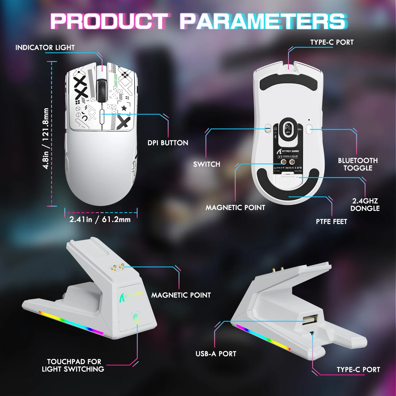 ATTACK SHARK X1 Tri-mode Gaming Mouse With Touchpad RGB Charging Dock PAW3395PRO Sensor