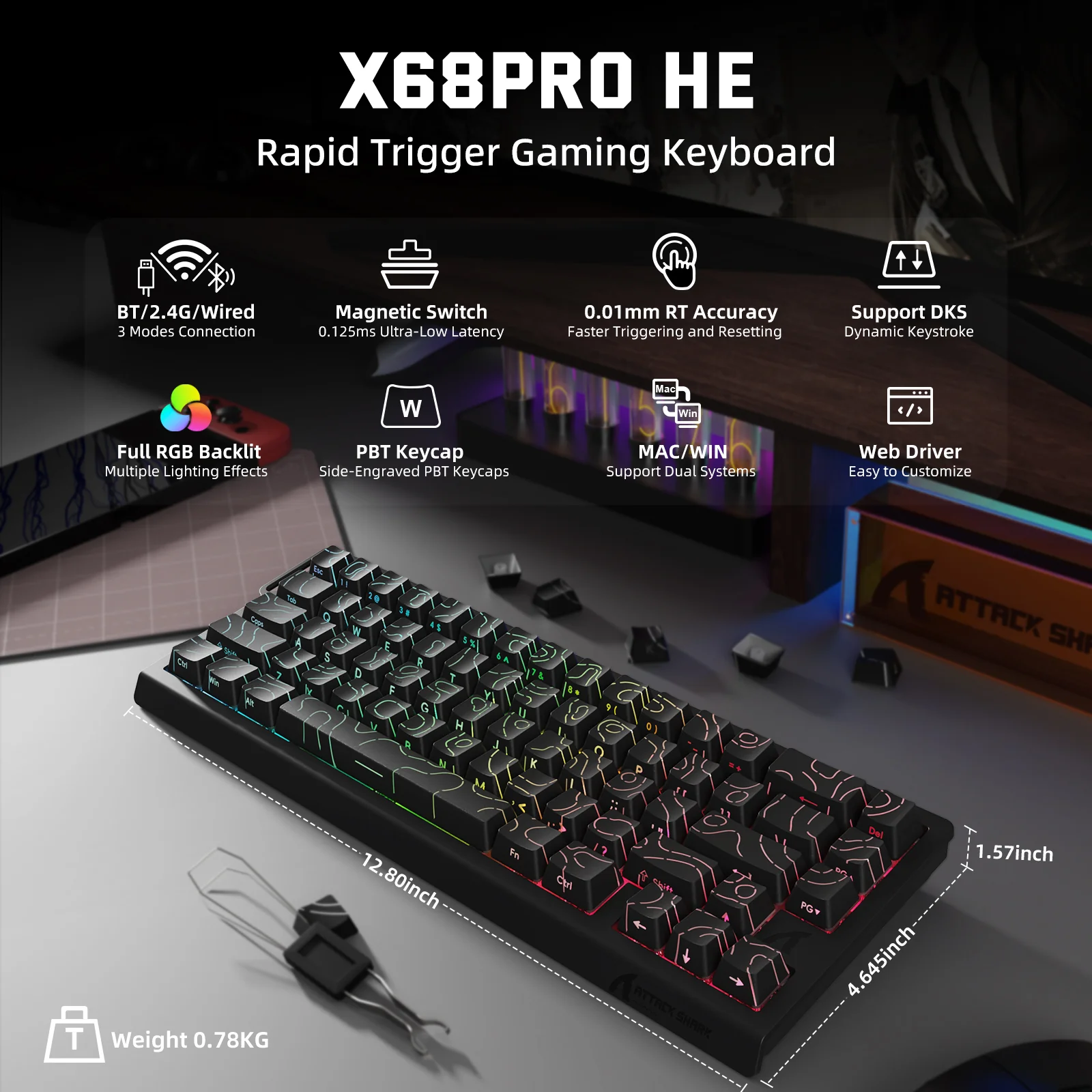 ATTACK SHARK X68PRO HE Wireless Rapid Trigger Keyboard Magnetic Switch