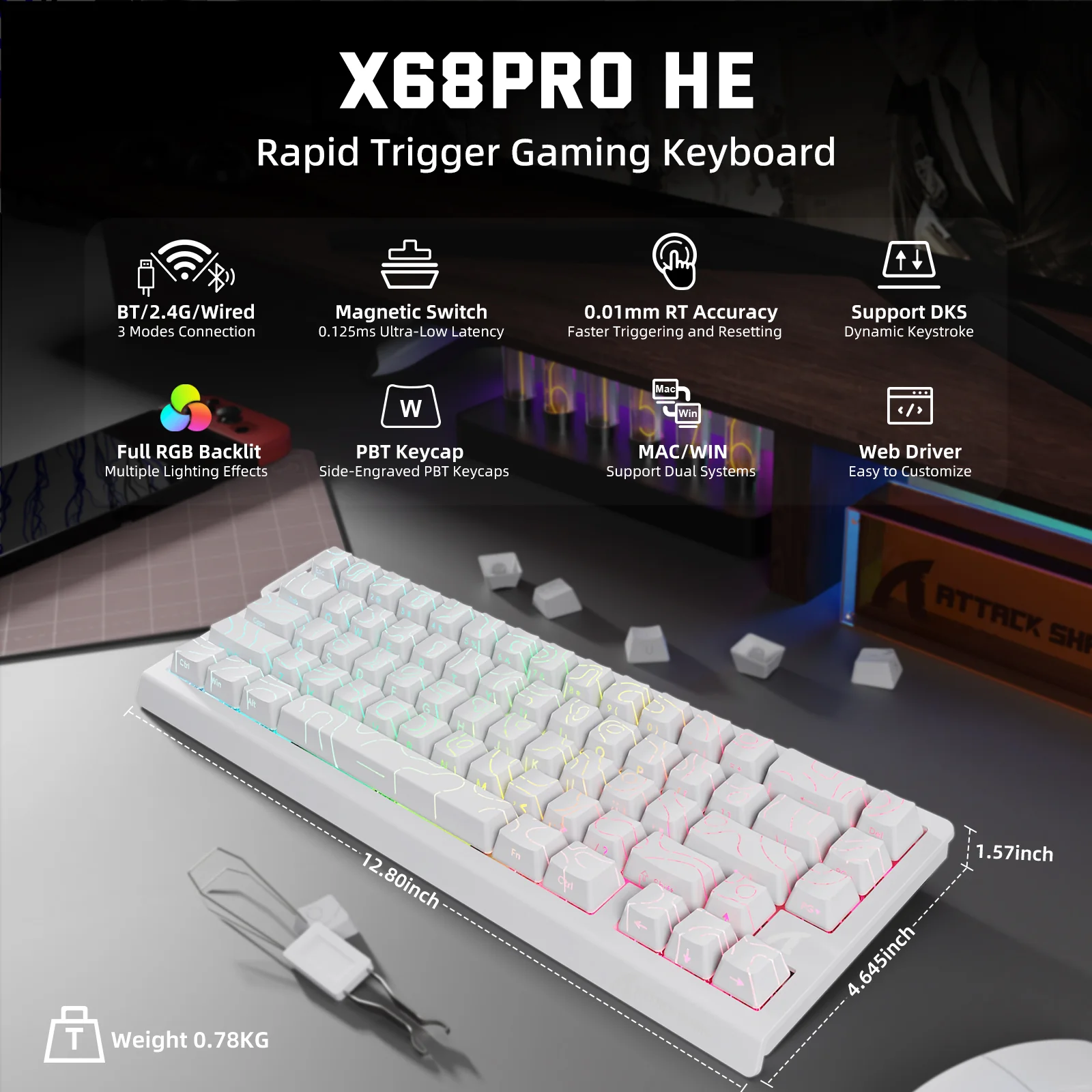 ATTACK SHARK X68PRO HE Wireless Rapid Trigger Keyboard Magnetic Switch
