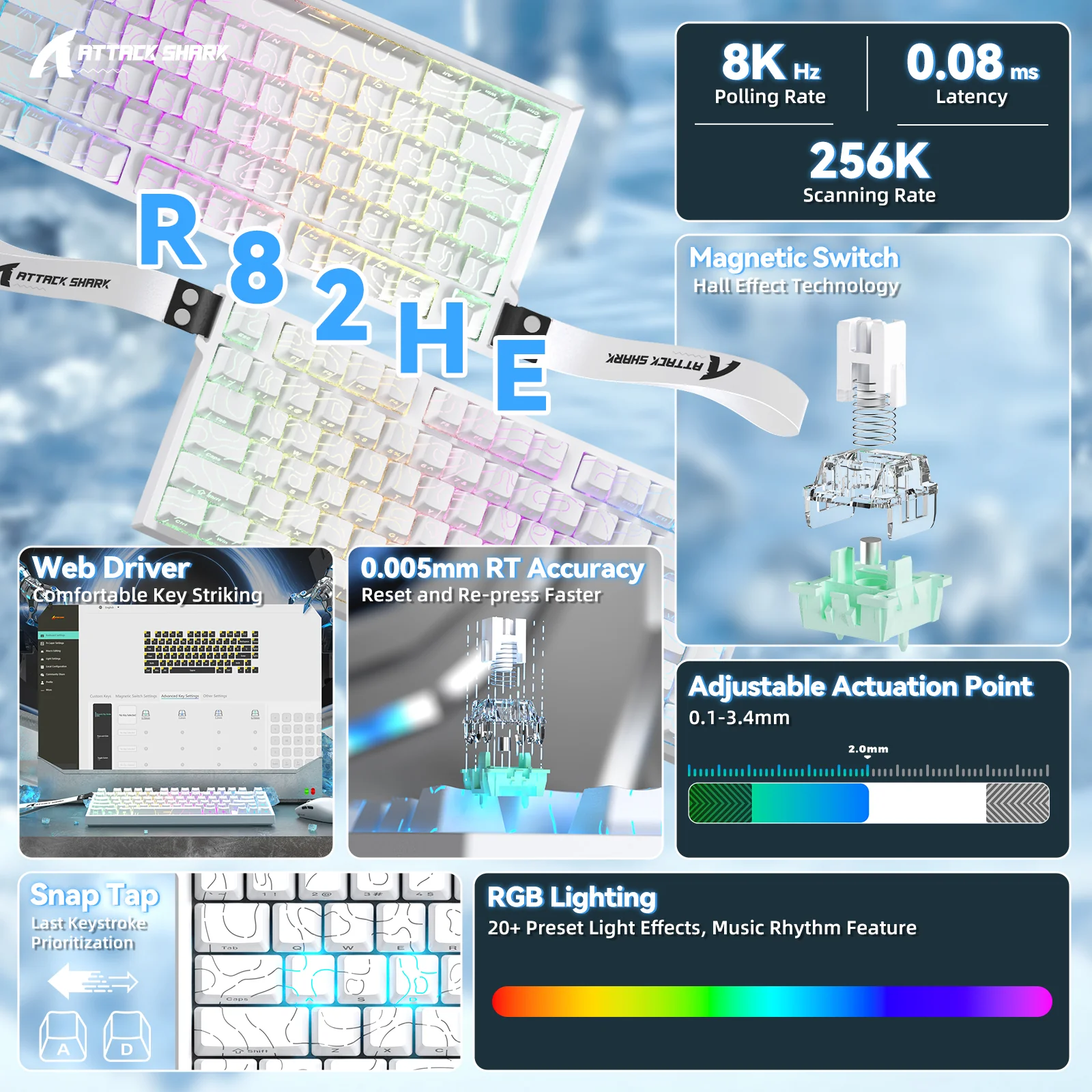 ATTACK SHARK R82 HE Rapid Trigger Keyboard Magnetic Switch with 0.005MM RT