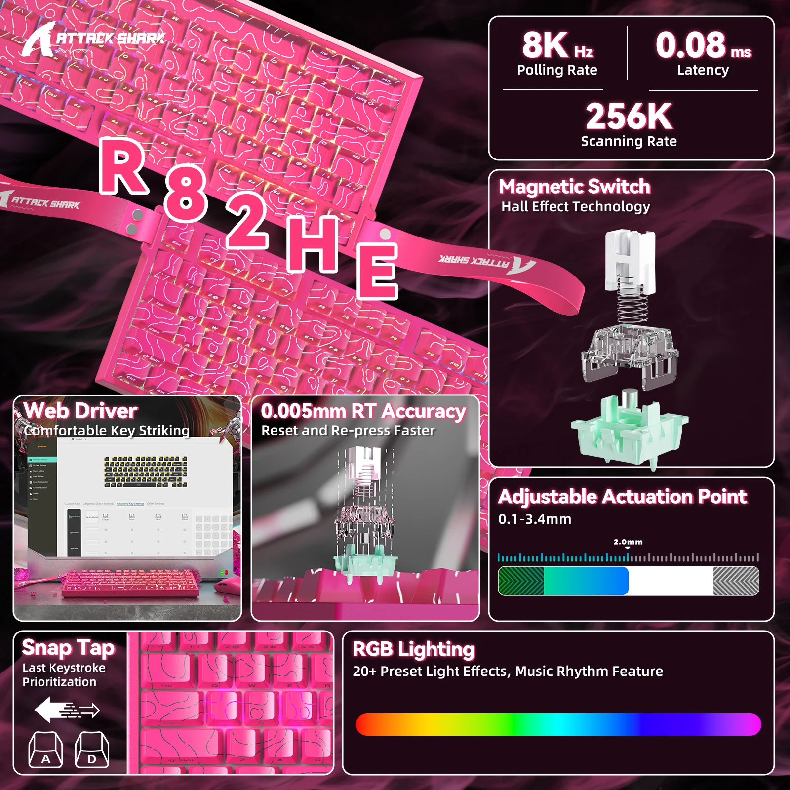 ATTACK SHARK R82 HE Rapid Trigger Keyboard Magnetic Switch with 0.005MM RT