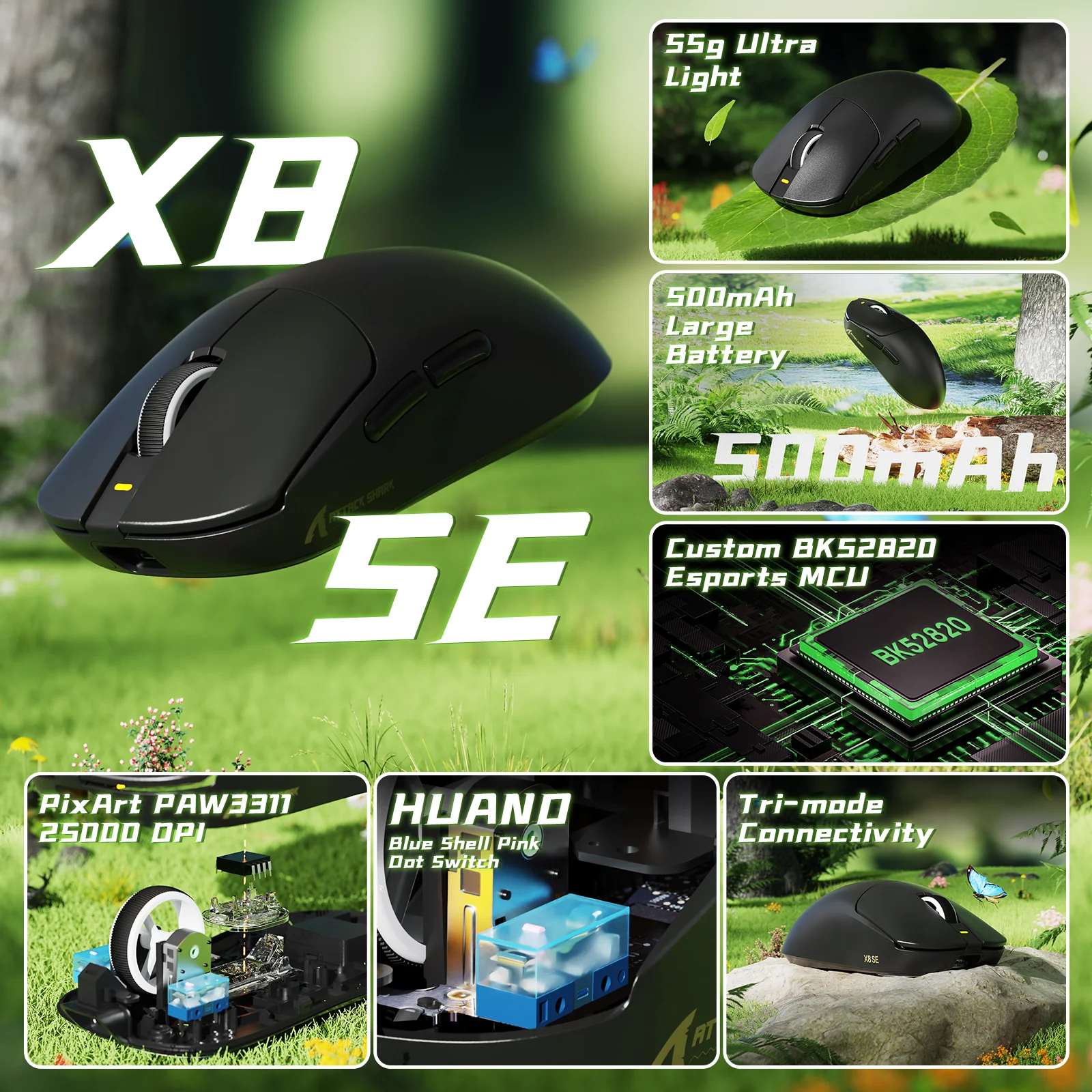 ATTACK SHARK X8 Series Tri-mode  Lightweight Wireless Gaming Mouse