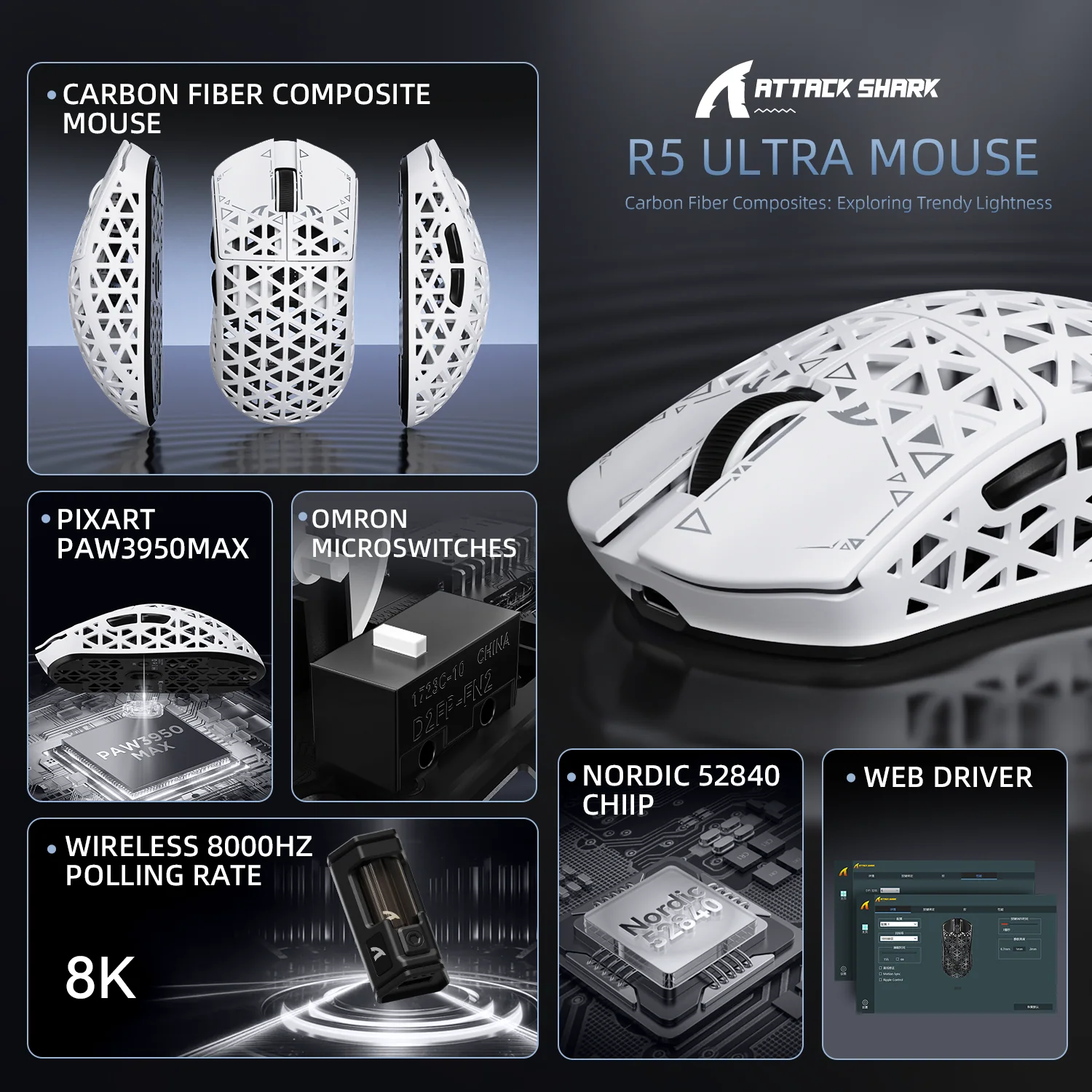 ATTACK SHARK R5 ULTRA Carbon Fiber Wireless 8K PAW3950MAX Gaming Mouse with 8K Coiled Cable