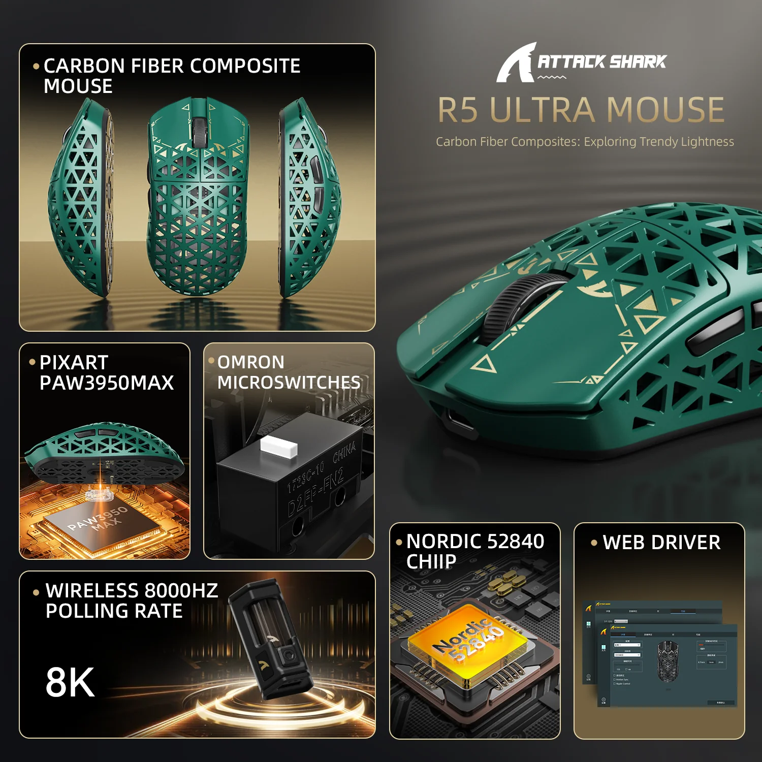 ATTACK SHARK R5 ULTRA Carbon Fiber Wireless 8K PAW3950MAX Gaming Mouse with 8K Coiled Cable