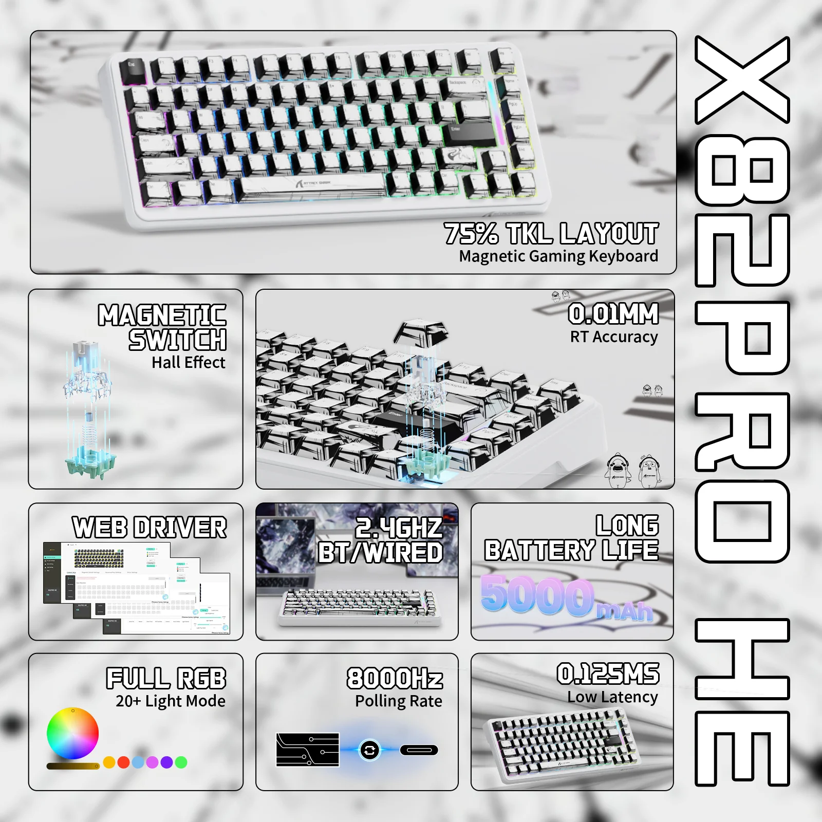 ATTACK SHARK X82PRO HE Wireless Rapid Trigger Gaming Keyboard Magnetic Switch
