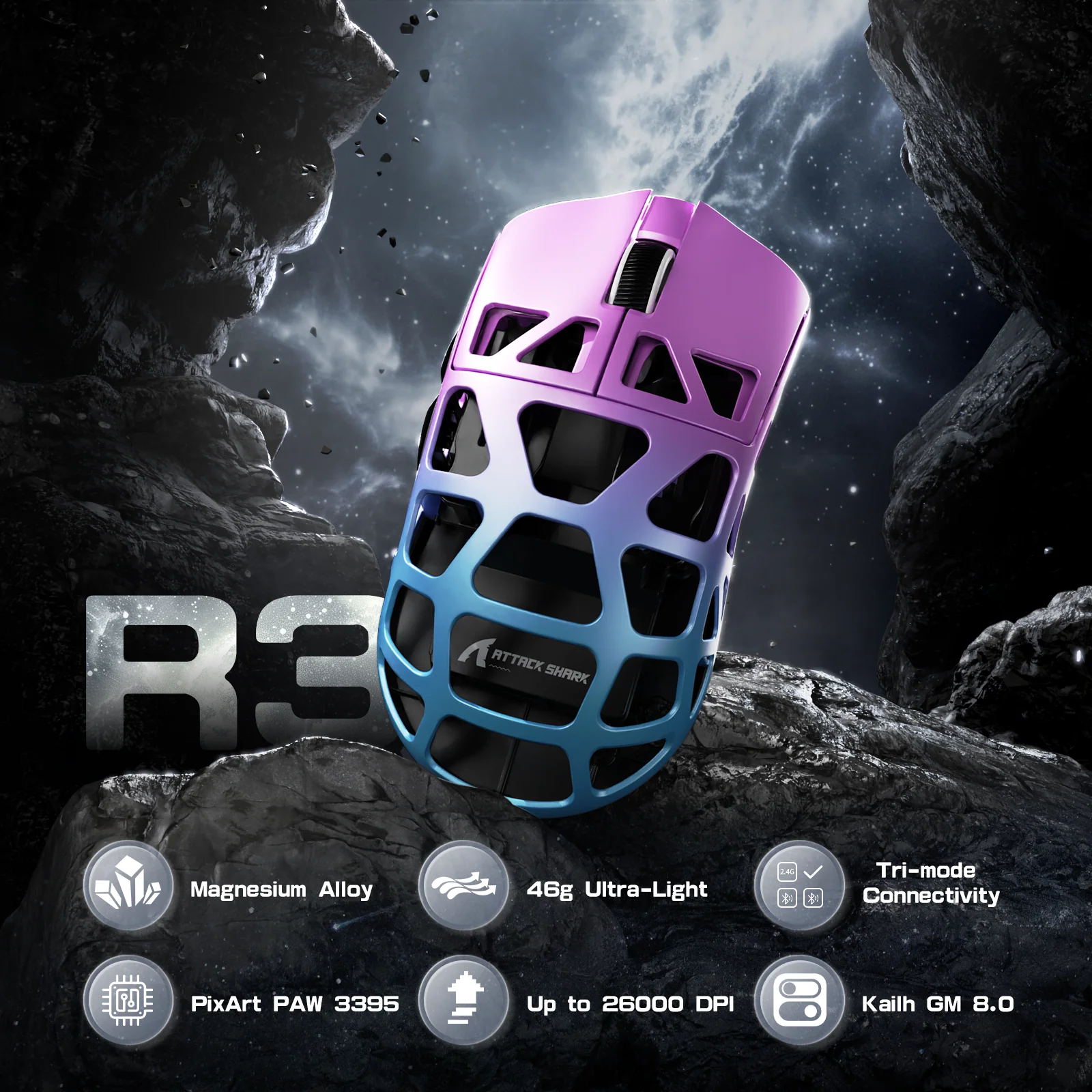 ATTACK SHARK R3 Magnesium Alloy Gaming Mouse 8K with C06 Coiled Cable