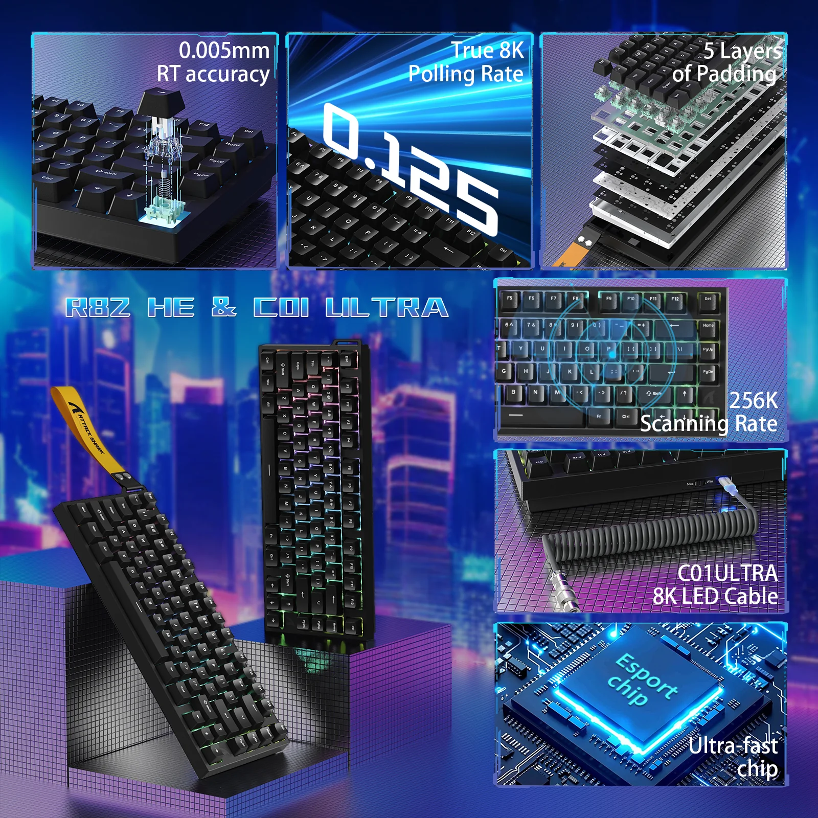 ATTACK SHARK R82 HE Wired 75% Gaming Keyboard  with C01ULTRA LED Cable