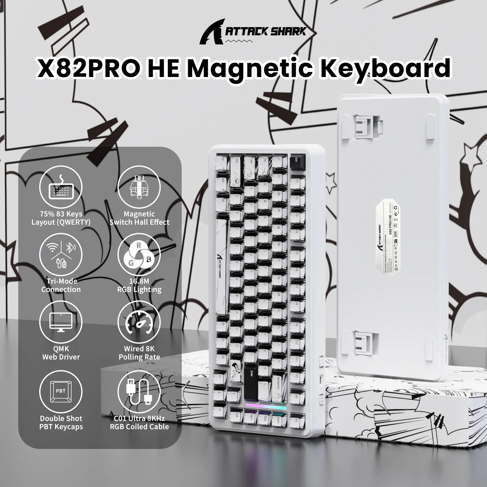 ATTACK SHARK X82PRO HE Magnetic Keyboard With C01Ultra RGB Coiled Cable