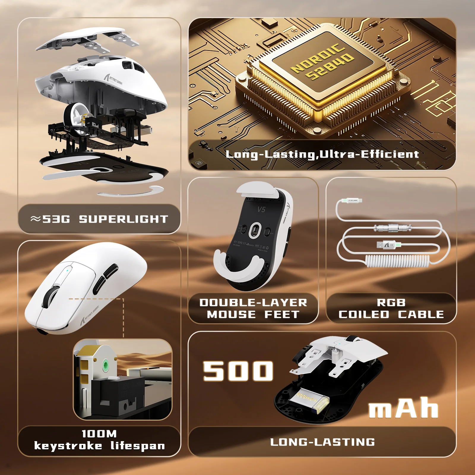 ATTACK SHARK V5 8KHz Wireless PAW3950MAX Gaming Mouse with C06 Ultra Cable