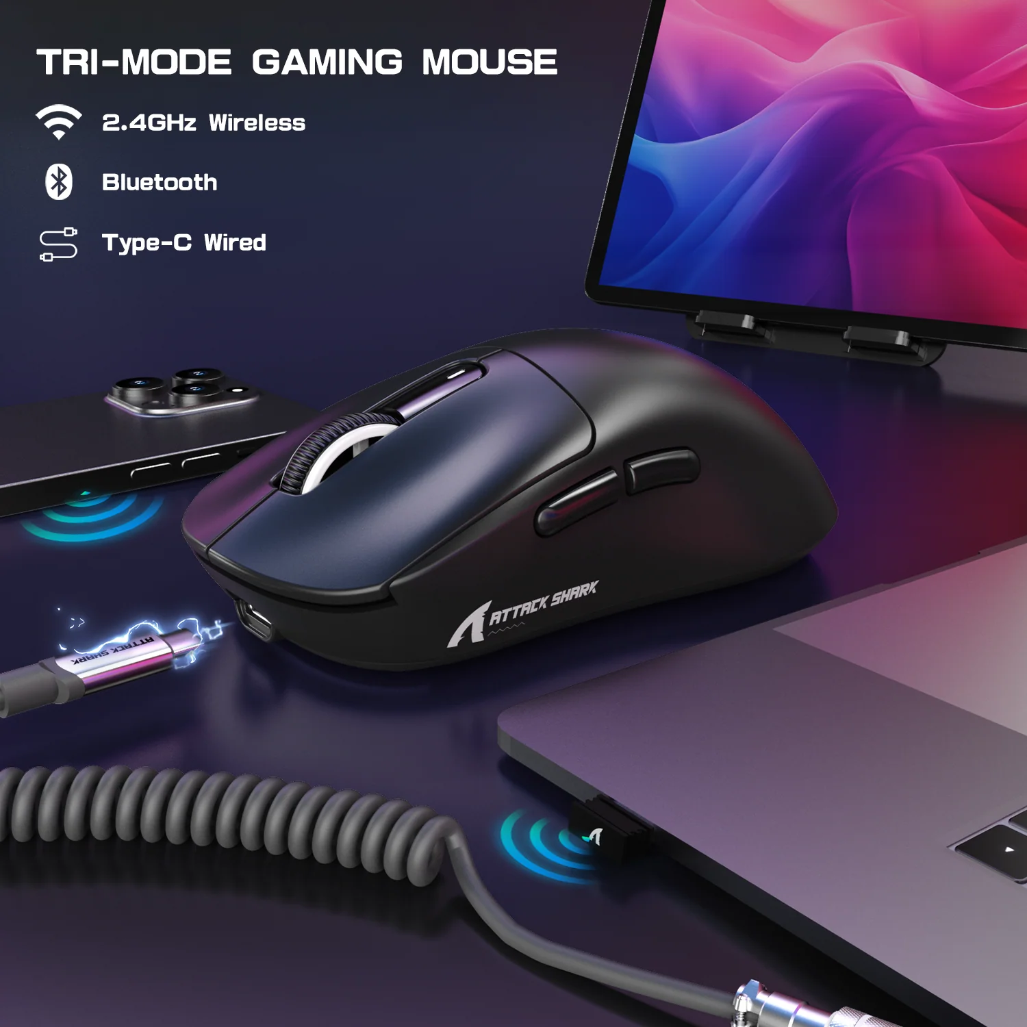 ATTACK SHARK X3MAX PAW3950 Wireless Gaming Mouse with C06 Mouse Coiled Cable