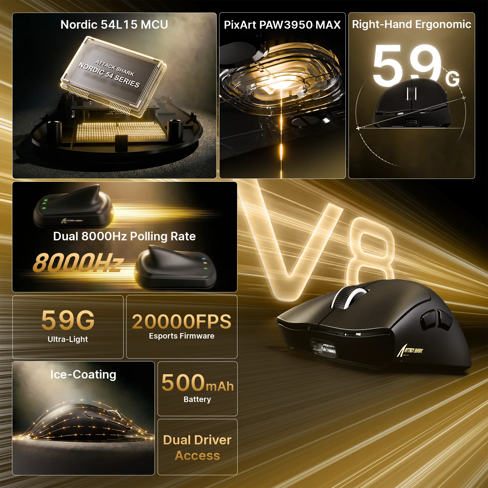 ATTACK SHARK V8 Ultra-Light Ergonomic Wireless Gaming Mouse