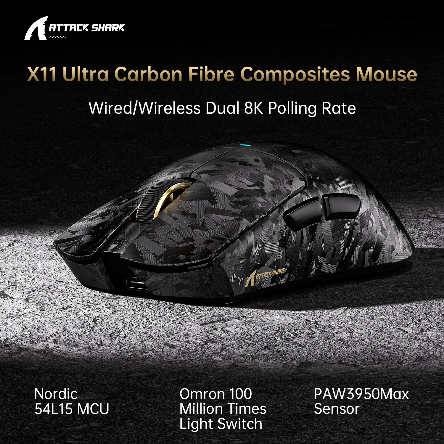 ATTACK SHARK X11 ULTRA Carbon Fiber Wireless 8K PAW3950MAX Gaming Mouse