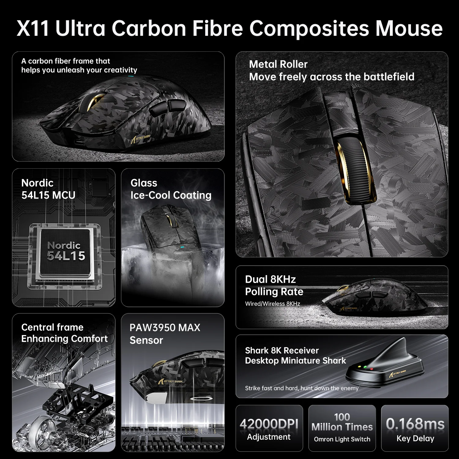 ATTACK SHARK X11 ULTRA Carbon Fiber Wireless 8K PAW3950MAX Gaming Mouse