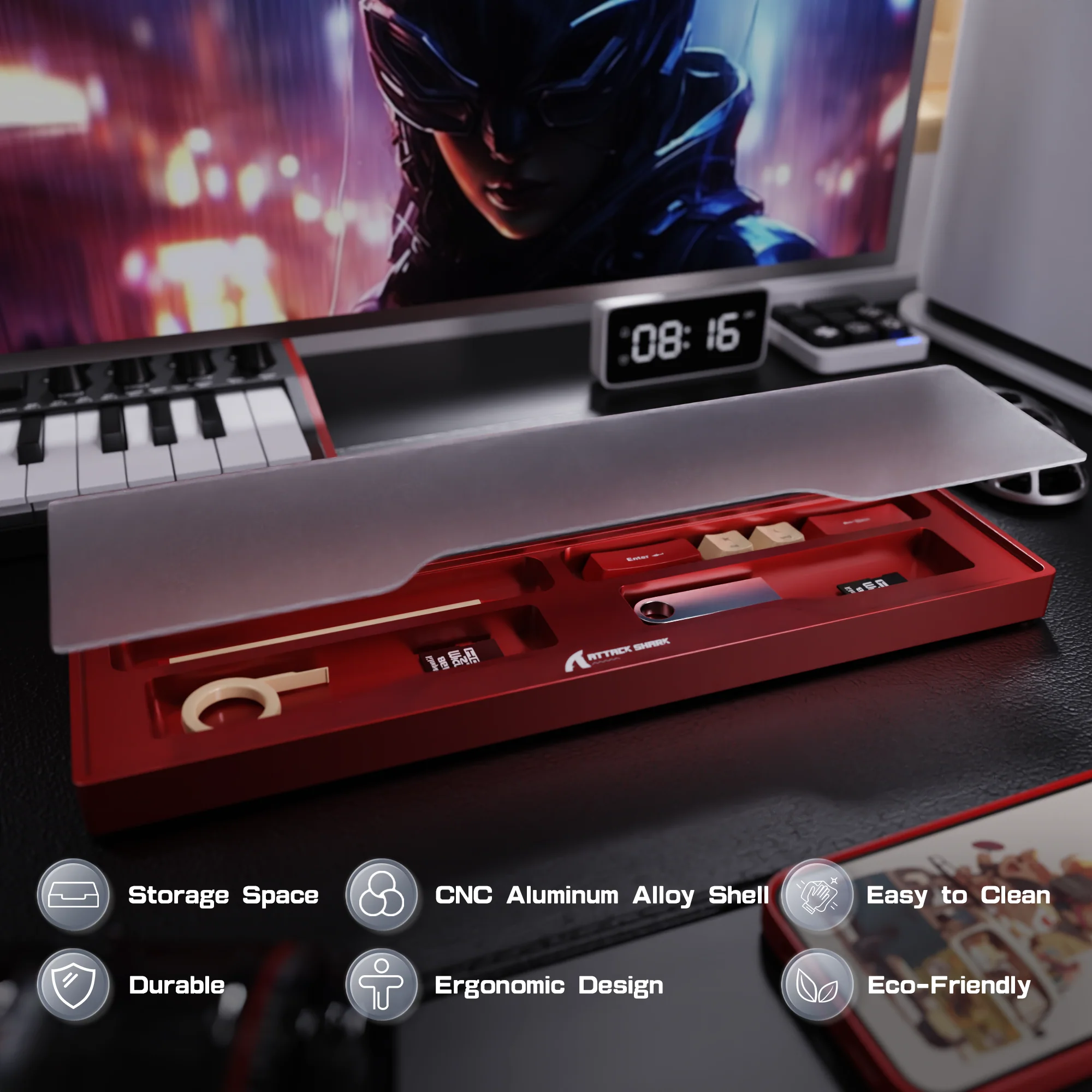 ATTACK SHARK Aluminum Alloy Wrist Rest with Partition Storage Case