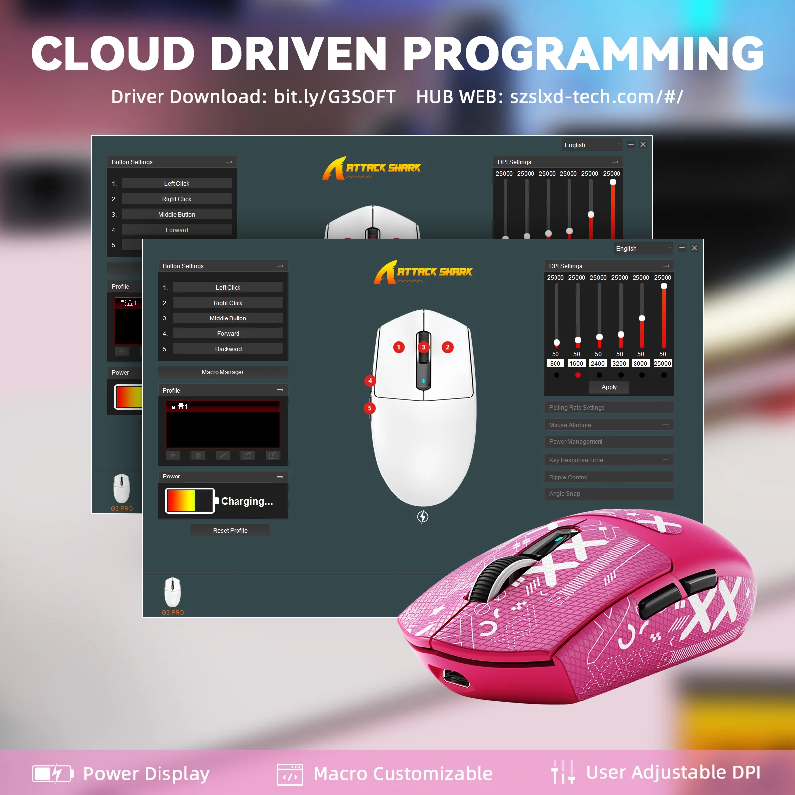 ATTACK SHARK G3 PRO Tri-mode Wireless Gaming Mouse with Charge Dock 25000 DPI Ultra Lightweight